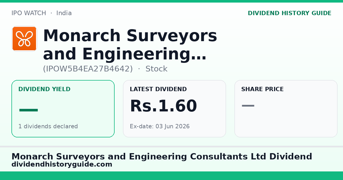 Monarch Surveyors and Engineering Consultants Ltd (IPOW5B4EA27B4642) dividend history — 0% yield, 1 dividends declared