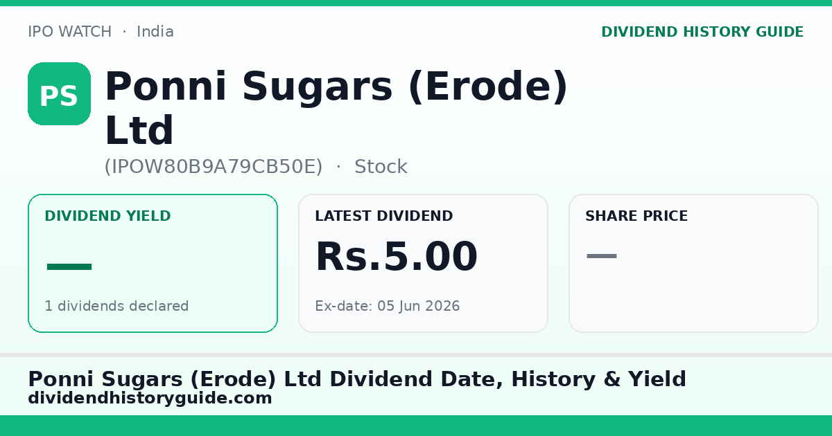 Ponni Sugars (Erode) Ltd (IPOW80B9A79CB50E) dividend history — 0% yield, 1 dividends declared
